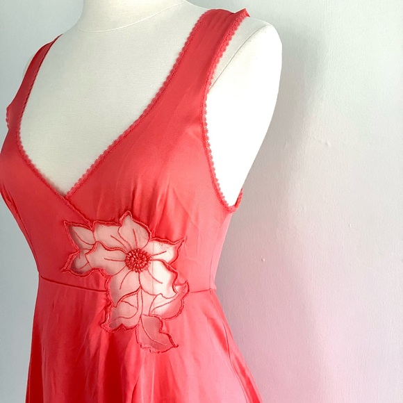 Vintage 70’s coral red orange lace flower slip gown dress & robe jacket set - Picture 6 of 16